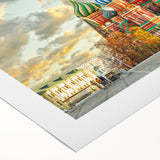 Art deco poster of Moscow skyline in monochrome shades on rolled canvas, suitable for dining room decor.
