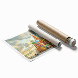 Large rolled print of a Moscow cityscape with muted green and gray tones, ideal for classy bathroom wall art.