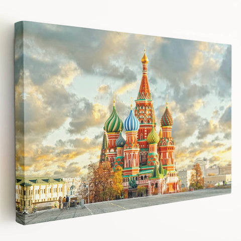 Large stretched canvas featuring a scenic view of Moscow architecture in muted earth tones, ideal for kitchen wall art.