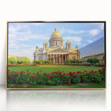 Art deco poster of St. Petersburg scenery in gold frame, featuring muted earth tones, ideal for modern art wall decor.