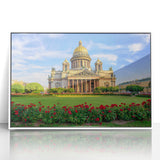 Mid-century modernist art of St. Petersburg scenery in muted gray tones on a framed acrylic, ideal for nursery wall art.