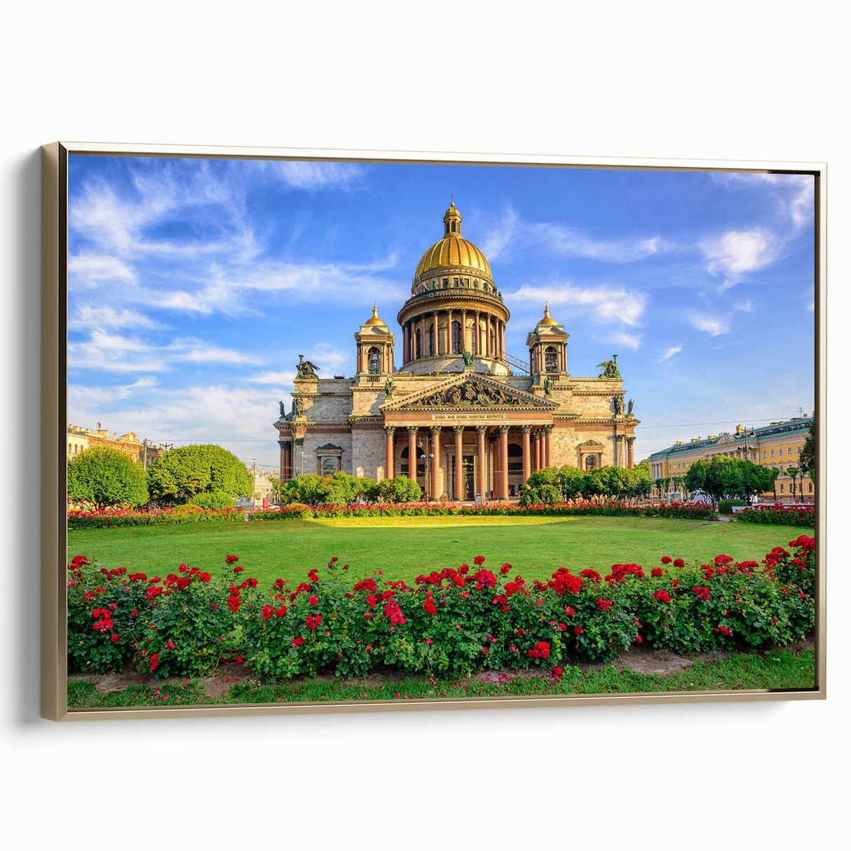 Framed canvas of vintage Petersburg landscape in black and gold tones, suitable for bedroom decor.