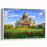 Vintage poster art of St. Petersburg with colorful imagery on extra large framed canvas, suited for living room decor.