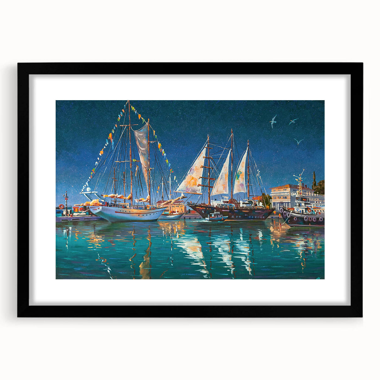 Extra large abstract art print of Sochi landscape in colorful, textured style on framed black mat.