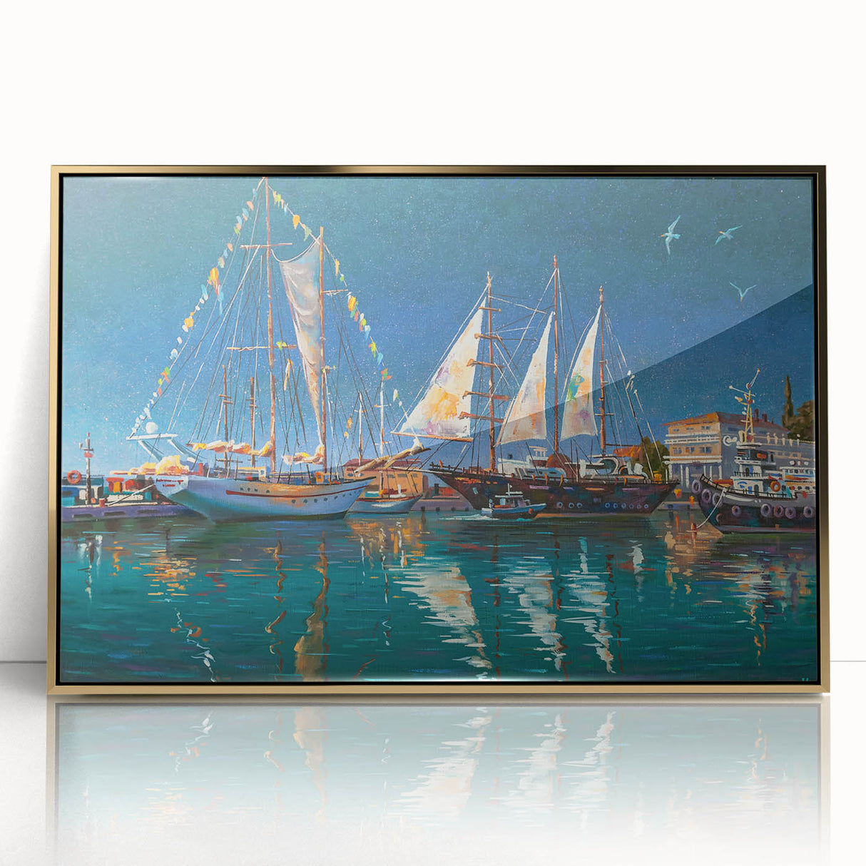 Art Deco poster depicting the Sochi, Russia skyline in gold and black hues on a framed acrylic.