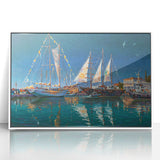 Mid-century modernist art depicting the Sochi skyline in muted blue and gray tones on a framed acrylic print.