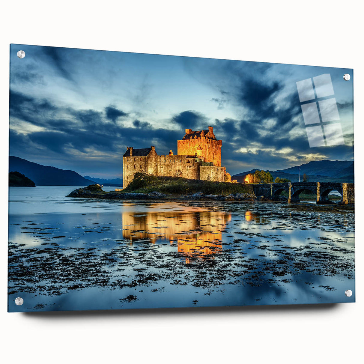 Acrylic print of a Scottish landscape, featuring muted green and blue tones, ideal for dining room decor.