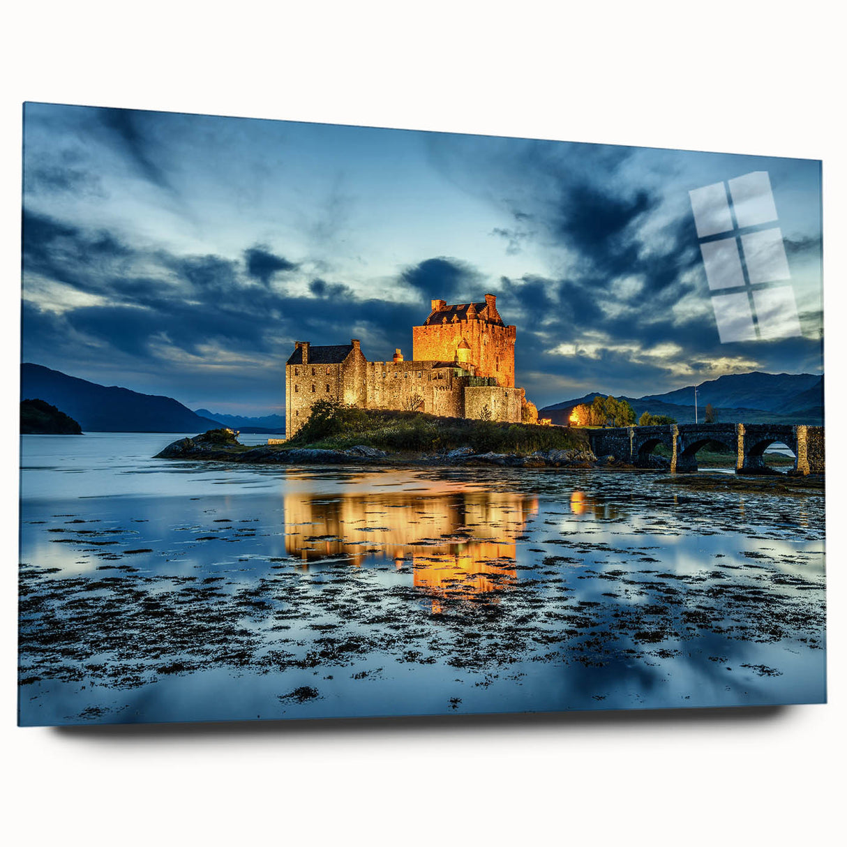 Acrylic print of a Scottish landscape in muted greens and blues, ideal for bedroom or dining room art.