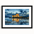Extra large abstract art print of a colorful, textured Scottish landscape in a black frame, ideal for living room decor.