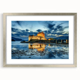 Extra large textured abstract art print of a European scenery, in muted earth tones, framed in silver.