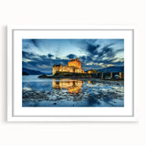 Textured abstract art print of a Scottish landscape in muted earth tones on a framed canvas, ideal for bedroom decor.