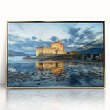 Acrylic print of a Scottish landscape in muted green and blue tones, framed in gold, suitable for modern art wall decor.