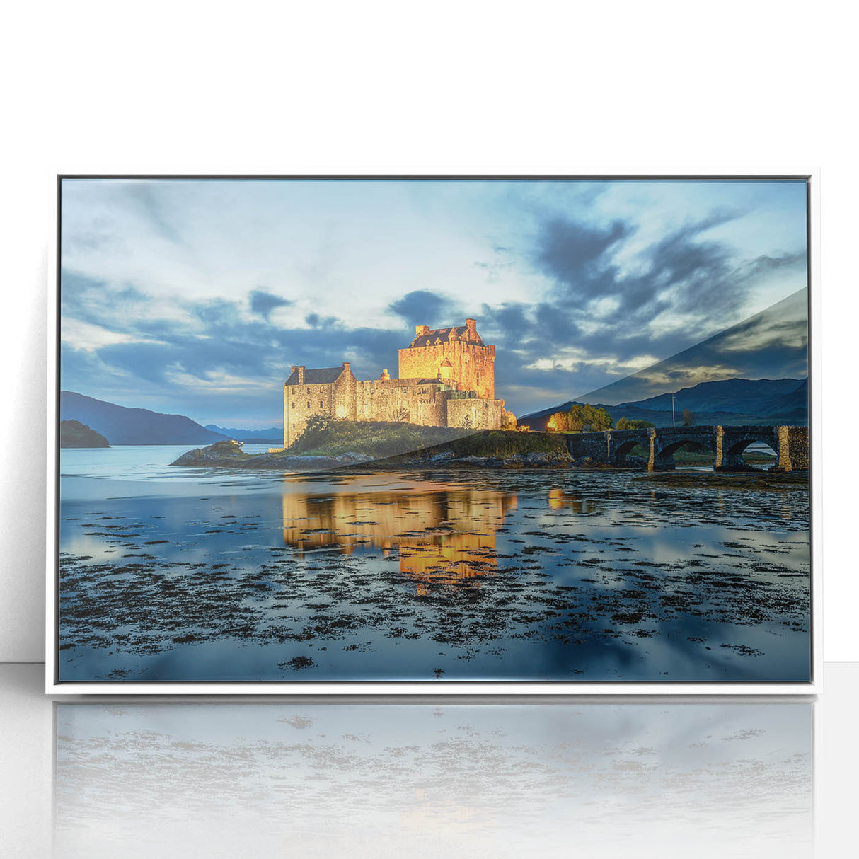 Mid-century modernist art depicting a serene Scottish landscape in muted green and blue tones on a framed acrylic print.