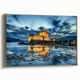 Framed canvas featuring a vintage-style landscape painting of a Scottish scenery in muted earth tones.