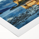 Art deco poster of a Scottish landscape in muted earth tones on rolled canvas, suitable for dining room decor.