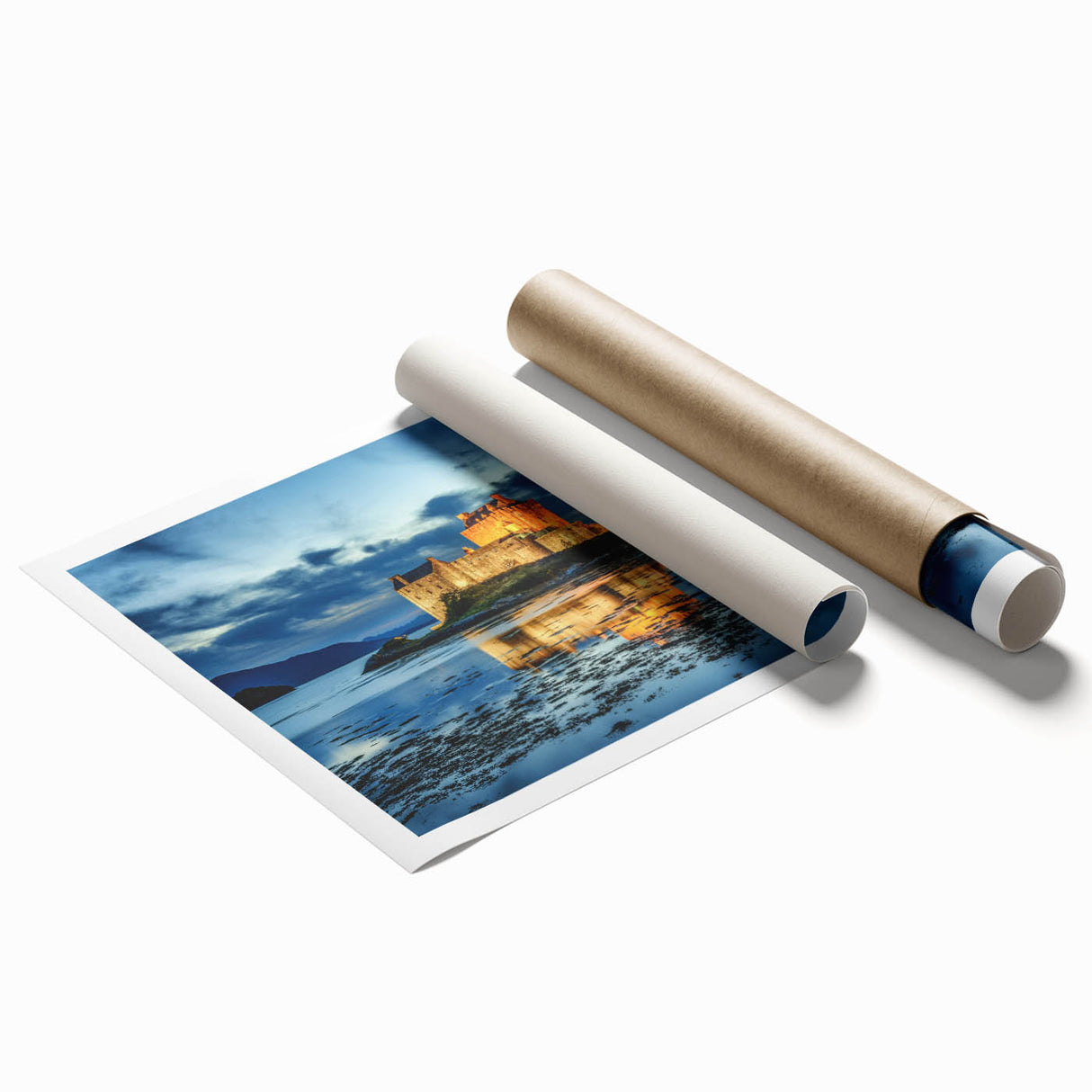 Extra large rolled print of a Scottish landscape with vibrant green and blue tones.