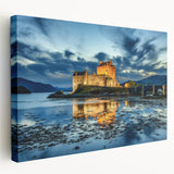Side view of a stretched canvas featuring a serene Scottish landscape in muted green and blue tones.