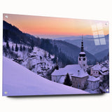 Acrylic glass print of a European scenery with muted earth tones, suitable for dining room decor.