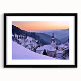 Extra large abstract art print of a colorful European scenery in a black frame, ideal for living room decor.