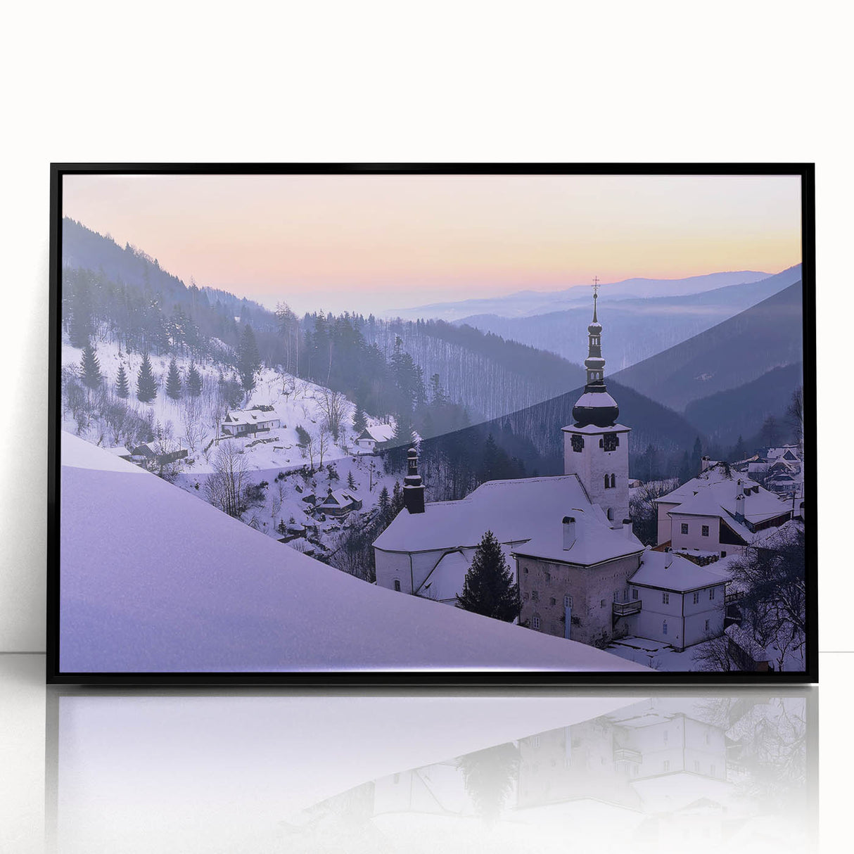 Large abstract wall art featuring a mid-century modernist Slovakian landscape in muted earth tones, framed in black acrylic.