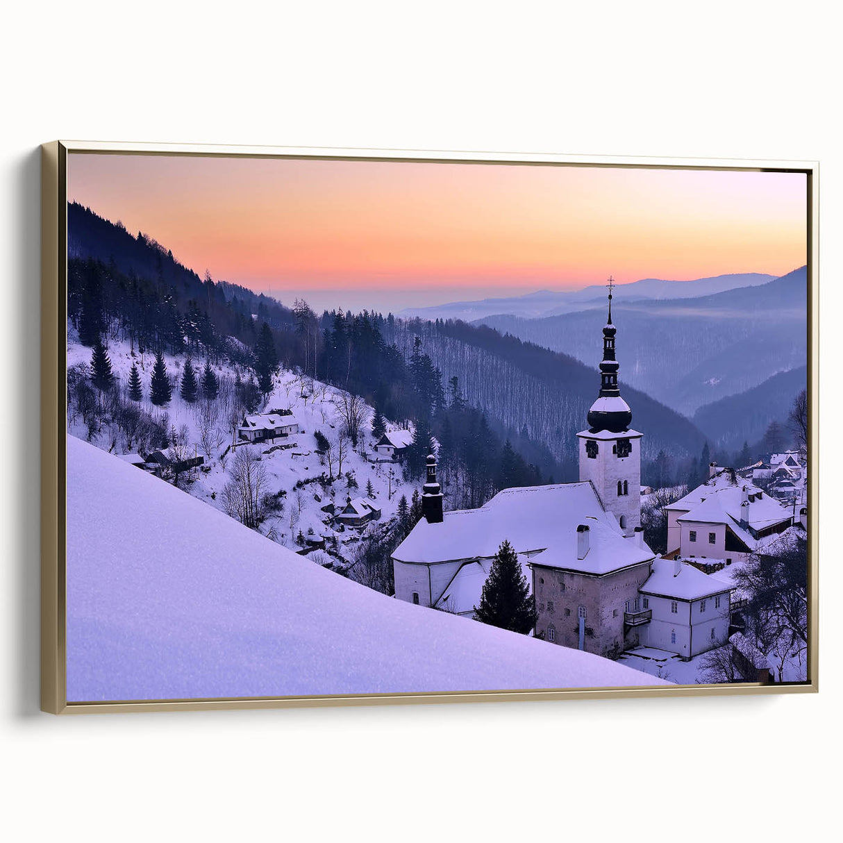 Framed canvas depicting a vintage-style Slovakian landscape in muted earth tones, ideal for bedroom wall art.