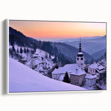 Vintage poster art of a scenic European landscape on a framed canvas, featuring vibrant colors, ideal for living room decor.