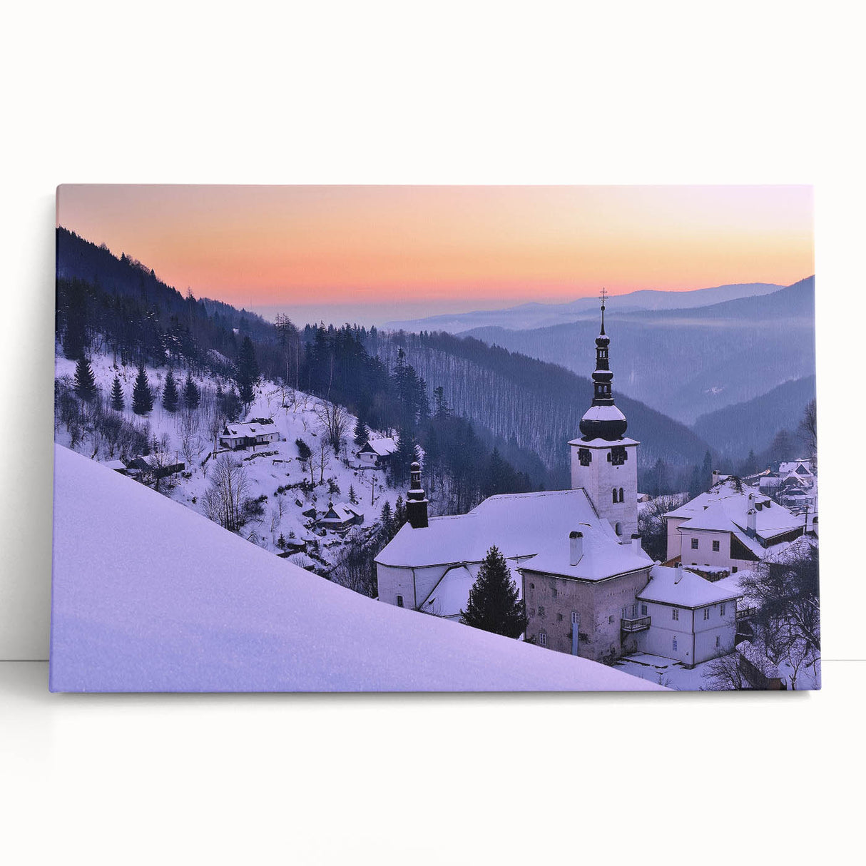 Black and white photo of a European cityscape on large stretched canvas, suitable for kitchen wall art.