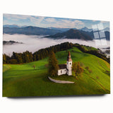 Acrylic print of a Slovenian landscape in muted earth tones, ideal for bedroom or dining room art.
