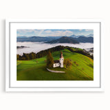 Extra large abstract art print of Slovenian scenery in textured style, framed with a white mat.
