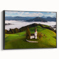 Black and white framed canvas of a Slovenian landscape, vintage poster style, ideal for bedroom decor.