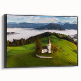 Black and white framed canvas of a Slovenian landscape, vintage poster style, ideal for bedroom decor.