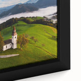 Extra large framed canvas of a textured, colorful Slovenian landscape in muted earth tones, ideal for living room decor.