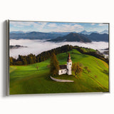 Vintage poster art of a scenic Slovenian landscape on a large framed canvas with vivid colors, ideal for living room decor.