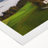 Art deco poster of a Slovenian landscape in pastel hues on rolled canvas, suitable for dining room decor.