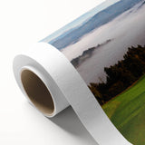 Art Deco poster featuring a scenic Slovenian landscape on rolled canvas, with soft green and blue tones.