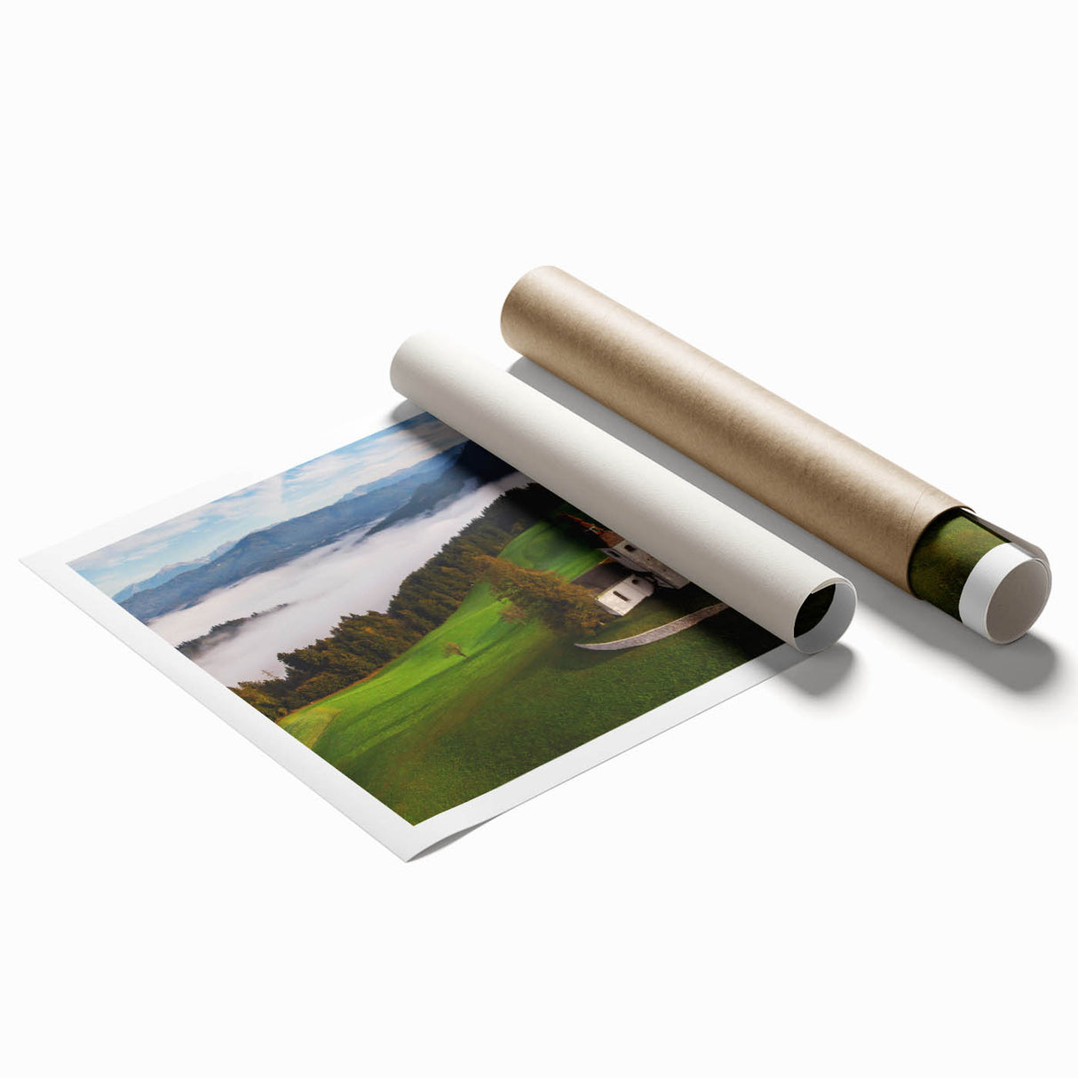 Extra large rolled print of a Slovenian landscape with vibrant green and floral elements.