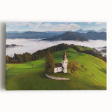 Black and white photograph of a Slovenian landscape on stretched canvas, ideal for kitchen wall art.