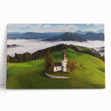 Black and white photograph of a Slovenian landscape on stretched canvas, ideal for kitchen wall art or bedroom decor.