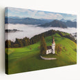 Lake Bled, Slovenia landscape on large stretched canvas, featuring calm blue and green tones, ideal for kitchen wall art.
