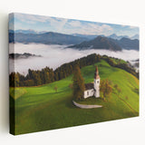 Lake Bled, Slovenia landscape on large stretched canvas, featuring calm blue and green tones, ideal for kitchen wall art.