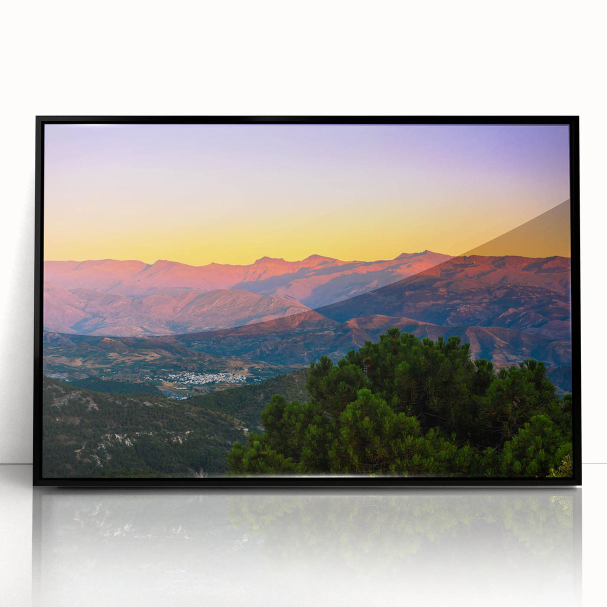 Large abstract wall art depicting the Andalusian scenery in Spain, framed in black acrylic.
