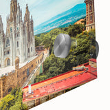 Large abstract depiction of Barcelona scenery in muted earth tones on acrylic glass, suitable as dining room art.