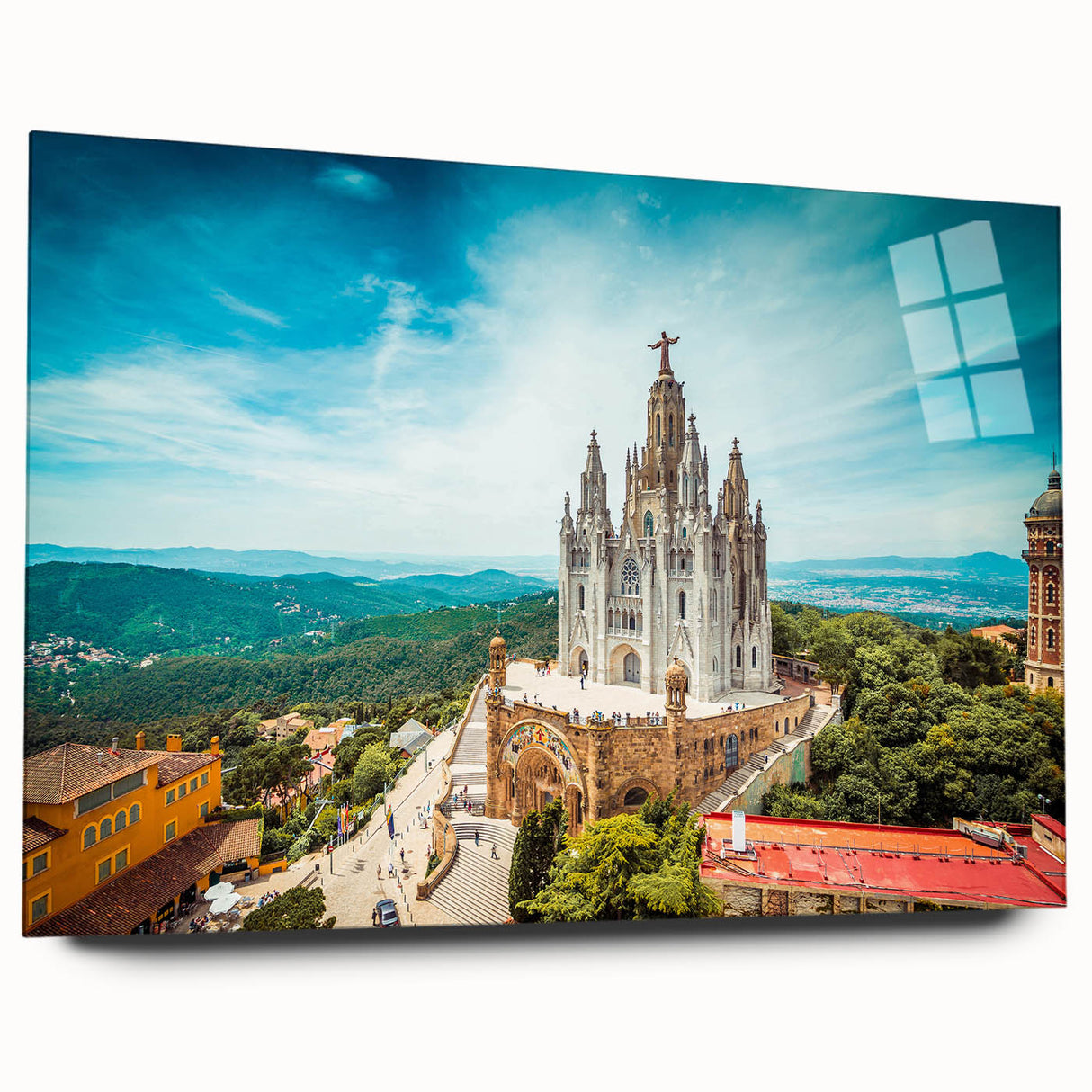 Large abstract depiction of Barcelona on acrylic glass, featuring earthy and blue tones.