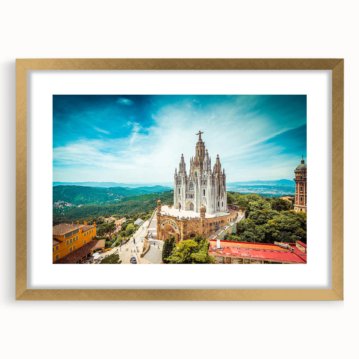 Abstract art print of Barcelona scenery in muted gold and blue tones on a framed canvas, suitable for dining room decor.