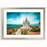 Extra large abstract art print of Barcelona scenery in textured tones, framed in silver, ideal for living room decor.