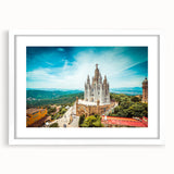 Textured abstract art print of Barcelona scenery in muted earth tones, framed with a white mat, ideal for bedroom art.