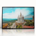 Large abstract wall art depicting a Barcelona cityscape in muted gray tones on a framed acrylic panel.