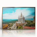 Framed acrylic print of Barcelona cityscape in art deco style with gold accents, ideal for modern art wall decor.