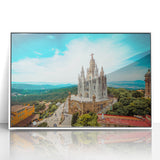 Mid-century modernist art depicting Barcelona skyline in muted earth tones on framed acrylic.