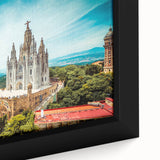 Black wall art featuring a textured close-up of Barcelona scenery in colorful hues on a framed canvas.